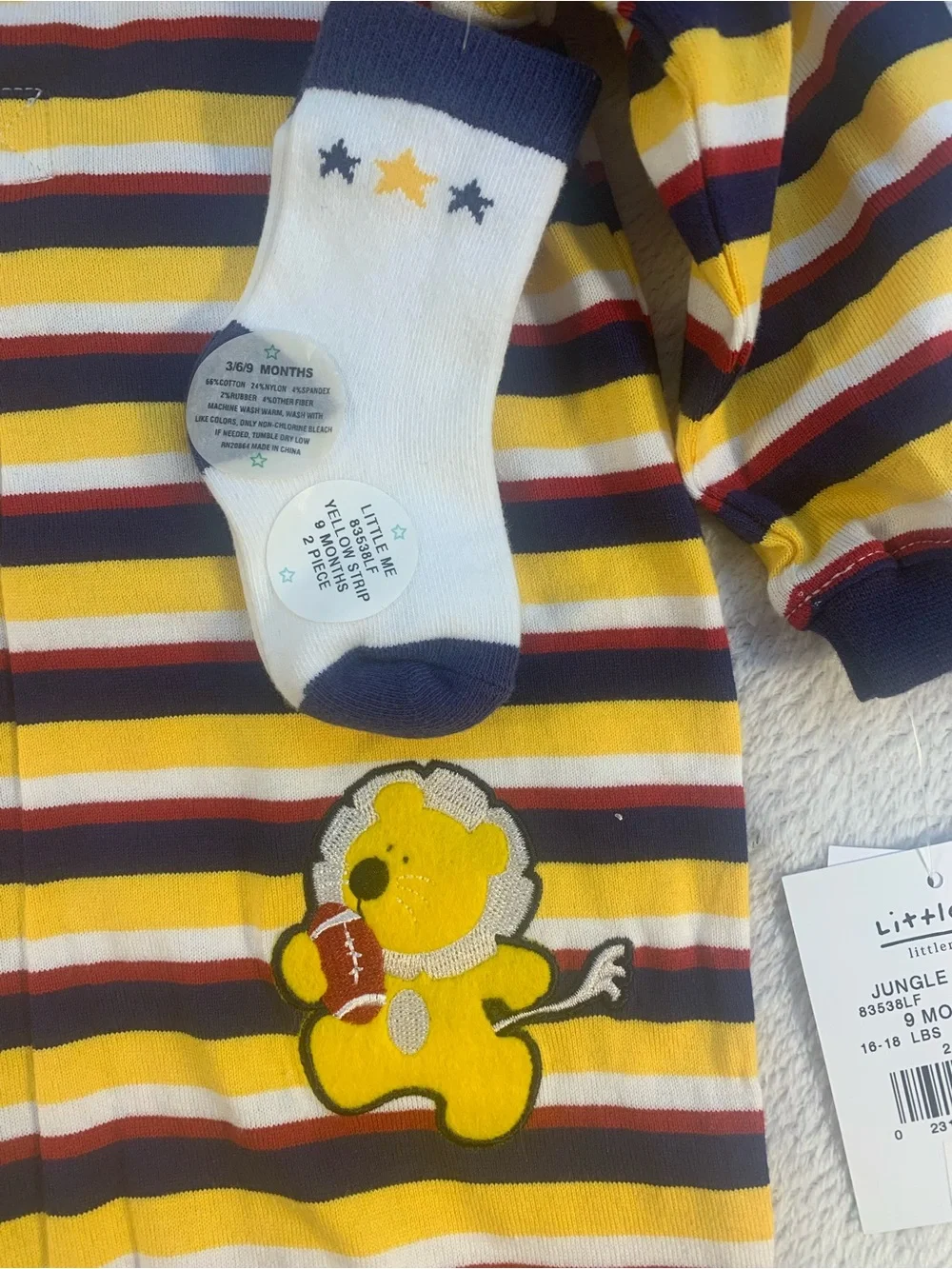 NWT Little Me Boys 9 Month One-Piece Romper + Socks Cotton Knit